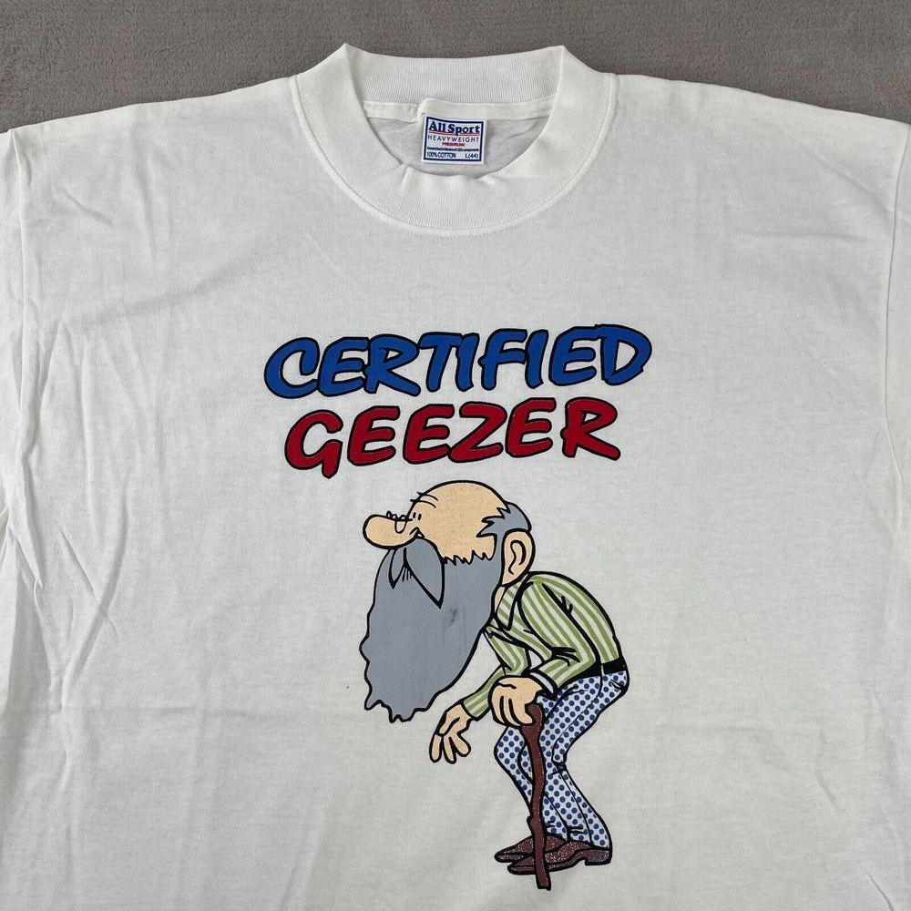 Vintage All Sport T Shirt Adult Large White‎ Certified Geezer Single Stitch NWOT